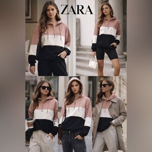 ZARA Color Block Half Zip Hoodie Jacket Pink White Black Size M